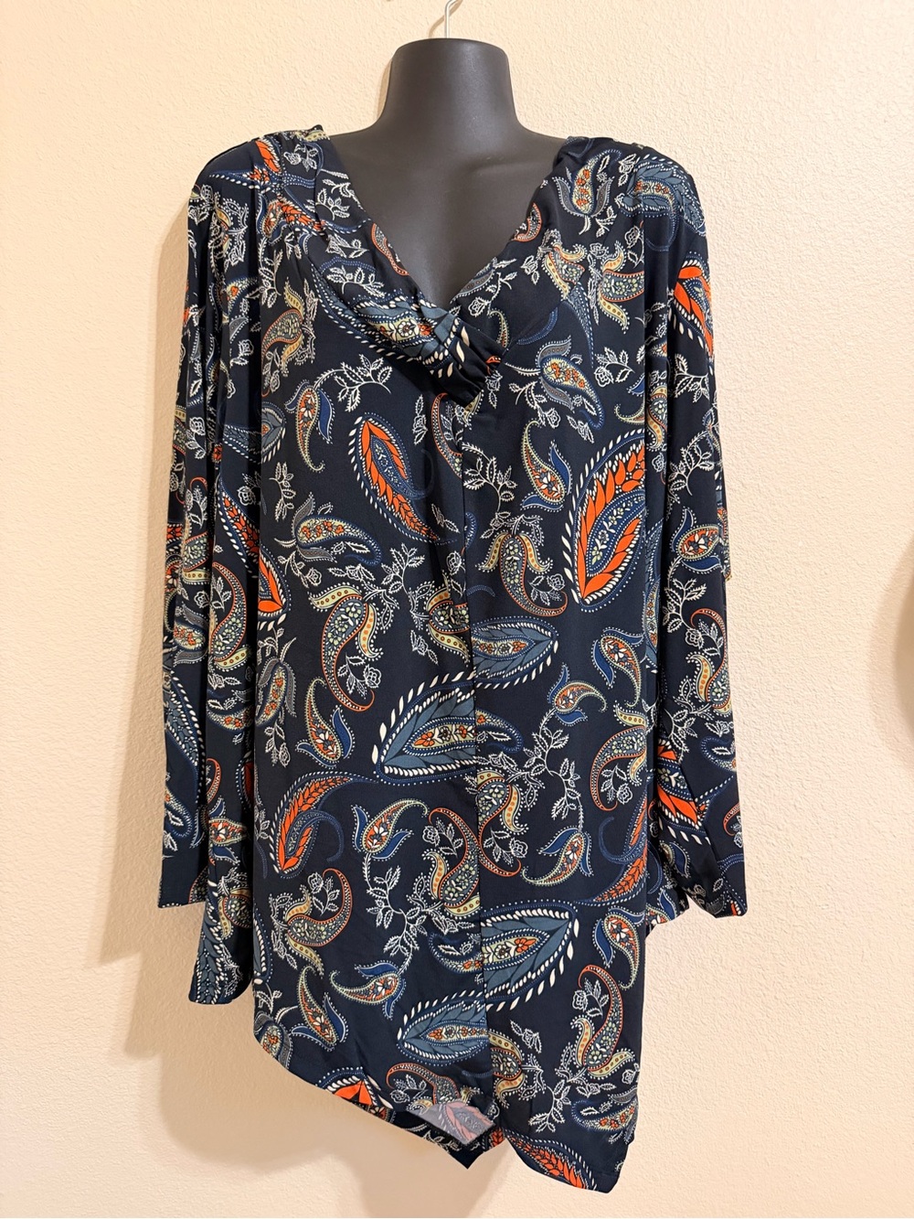 Avenue Navy Paisley Cowl Neck Tunic with Orange Accents